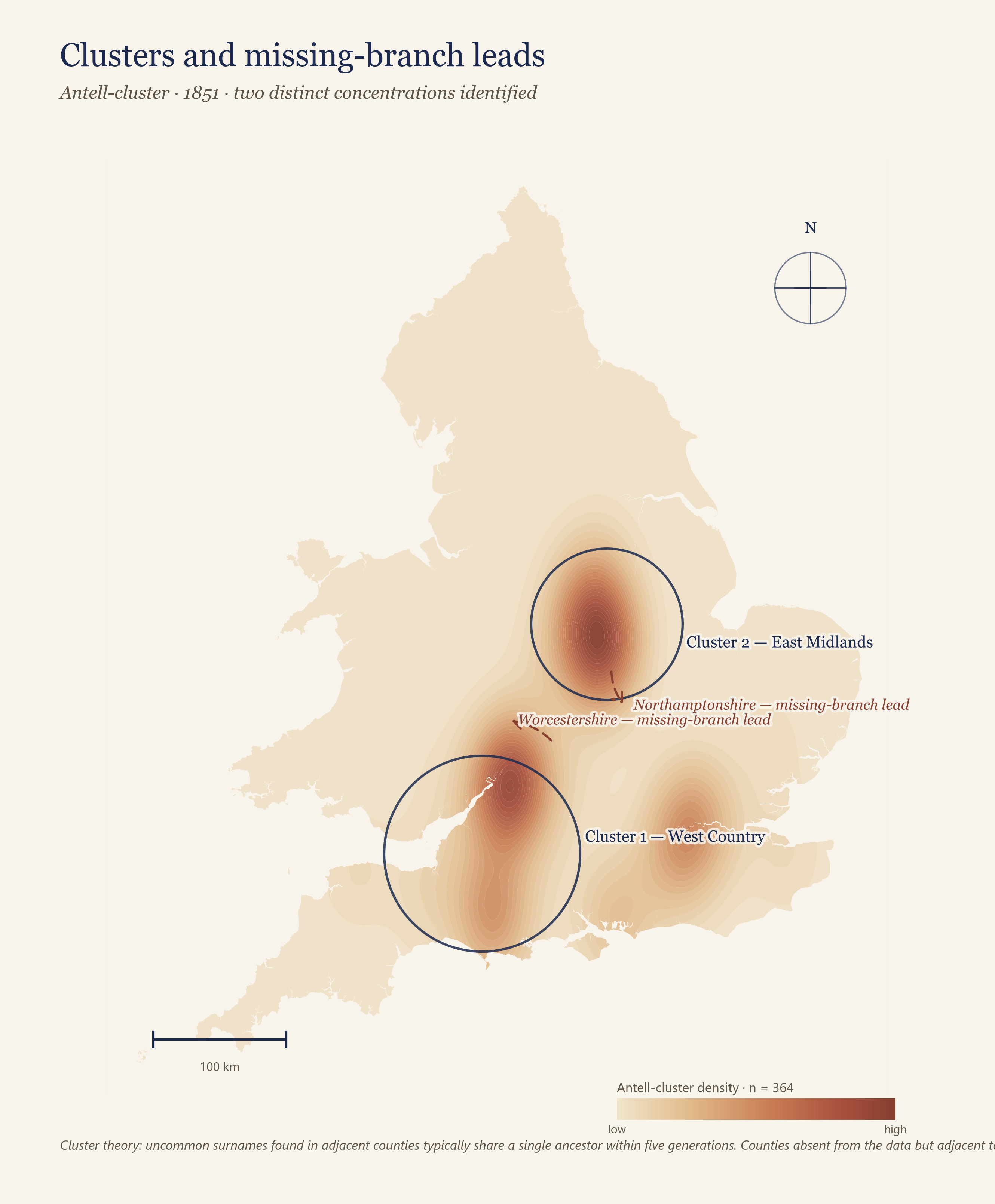 Cluster analysis of the Antell surname showing two distinct origin concentrations in the West Country and East Midlands, with arrows pointing to Worcestershire and Northamptonshire as missing-branch leads.