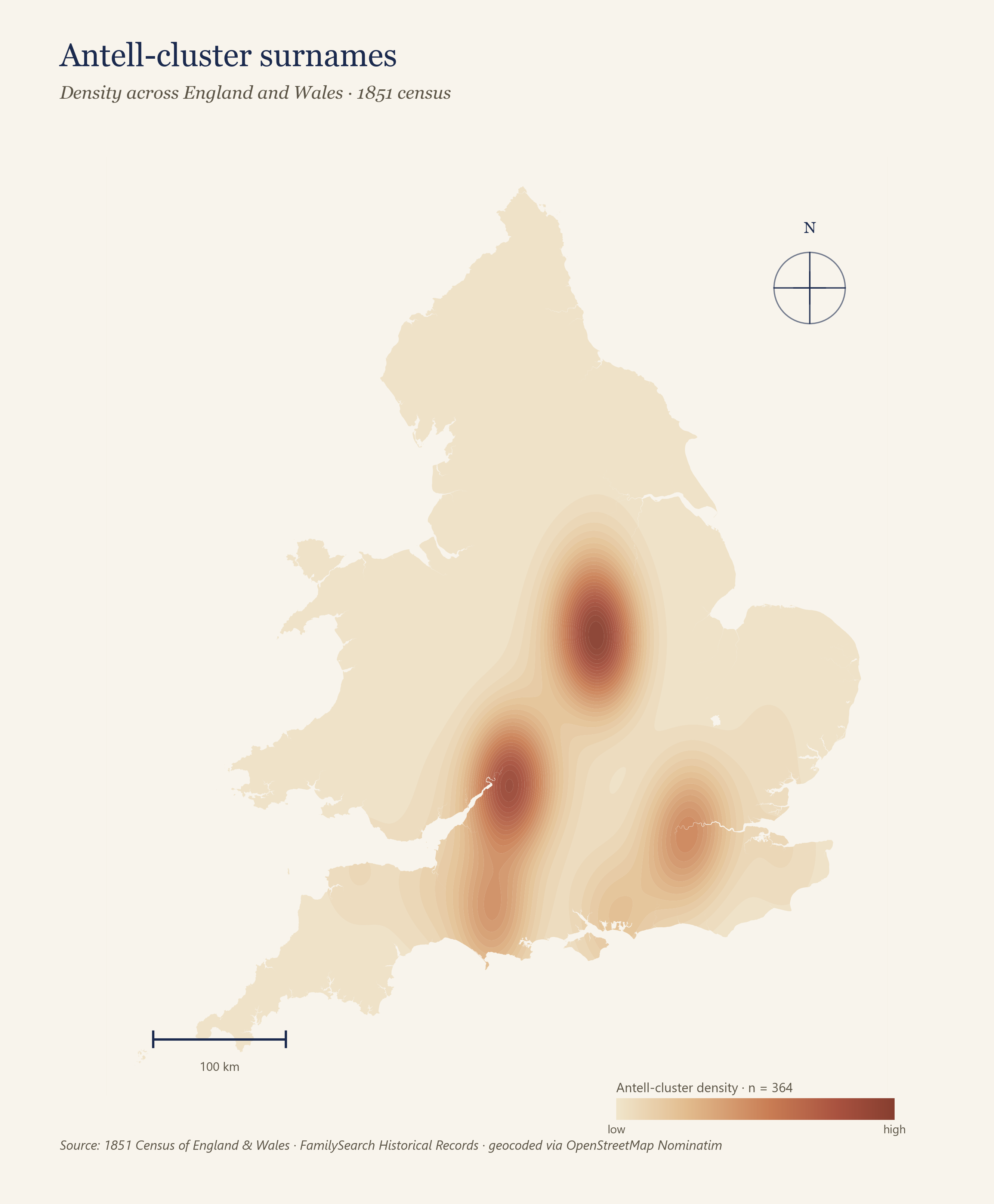 Kernel-density heatmap of the Antell surname cluster across England and Wales in the 1851 census, showing distinct concentrations in the West Country, East Midlands, and around London.